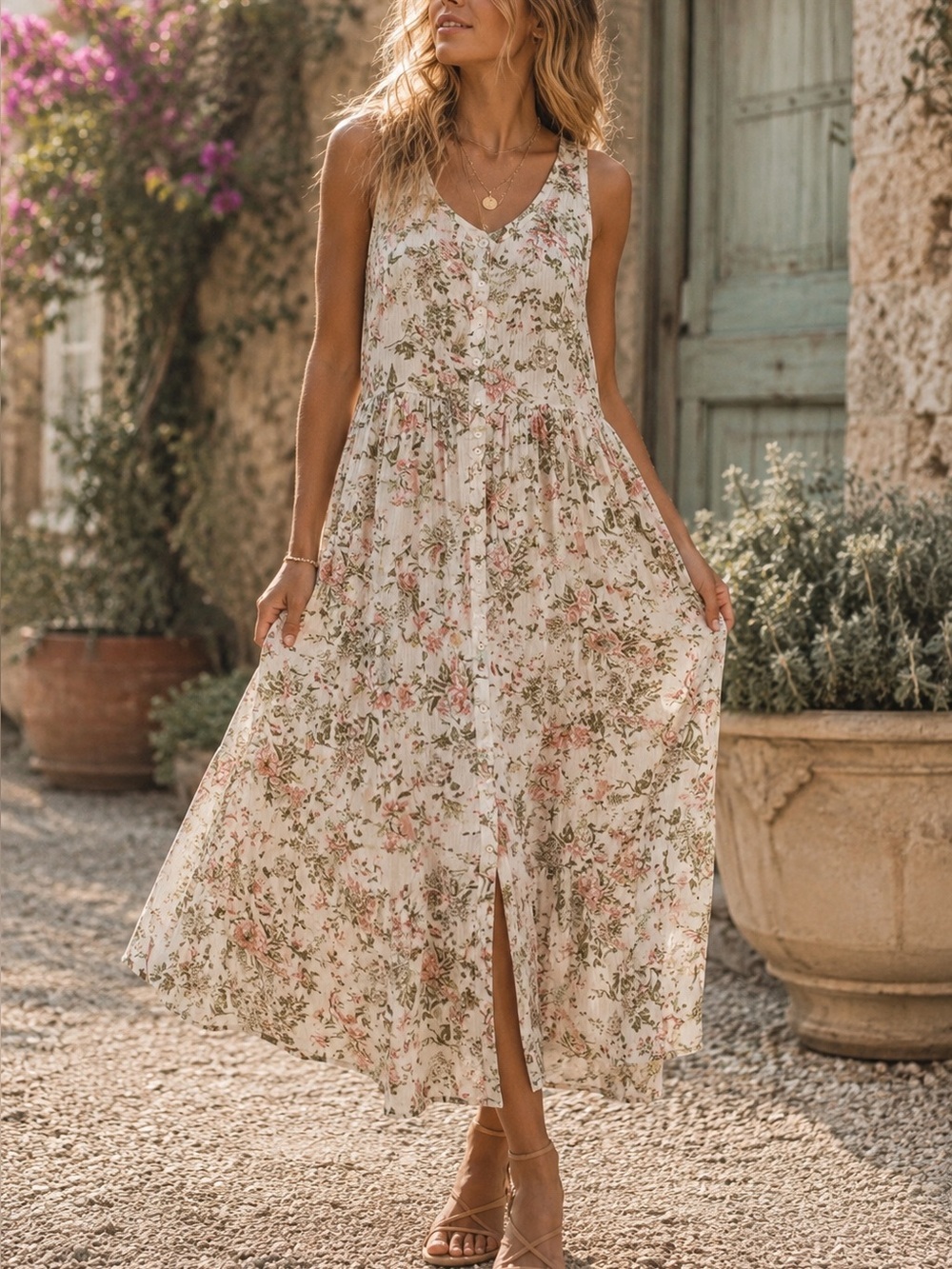 FRYE Floral Button Front Sleeveless Midi Dress L Boho Cottagecore Prairie Pocket